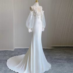 High Collar Applique Lace Satin Mermaid Wedding Dresses with Detachabl– promboutiqueonline