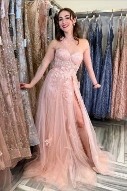 Prom Dress Tulle A-Line One Shoulder Sweep Train With Appliques-Rjerdress.com