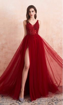 Long Beaded Red Prom Dresses V-neck Thigh Slits KSP608