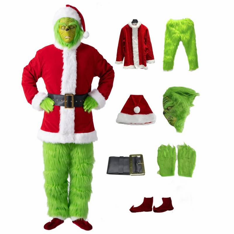 The Grinch Costume, Santa Claus Green Grinch Fleece Full Set With Mask ...