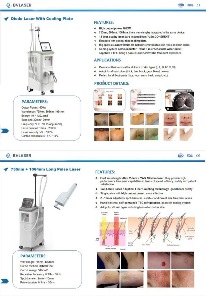 755nm+1064nm long pulse laser & 1200w diode laser hair removal machine with cooling plate fo ...
