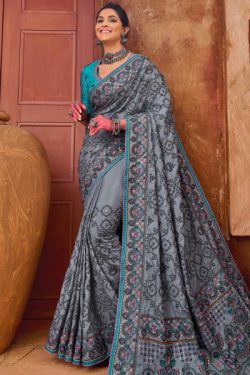 Blue Grey Kacchi Work Banarasi Silk Embroidered Saree