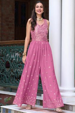 Indo Western Dresses | Buy Ready To Wear Mauvey Pink Indo-western Georgette Jumpsuit Online