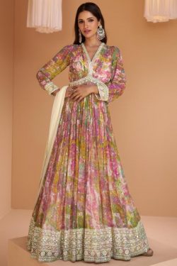 Multicolor Georgette Printed Embroidered Anarkali Dress