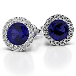 Round Shape Blue Sapphire and Diamond Earrings