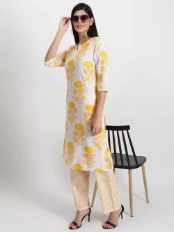 Women Floral Print Yellow Cotton Blend Kurta Pant Set- Gargi Style