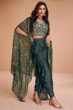 Buy Ready To Wear Deep Teal Satin Silk Embroidered Top & Dhoti Pant Set