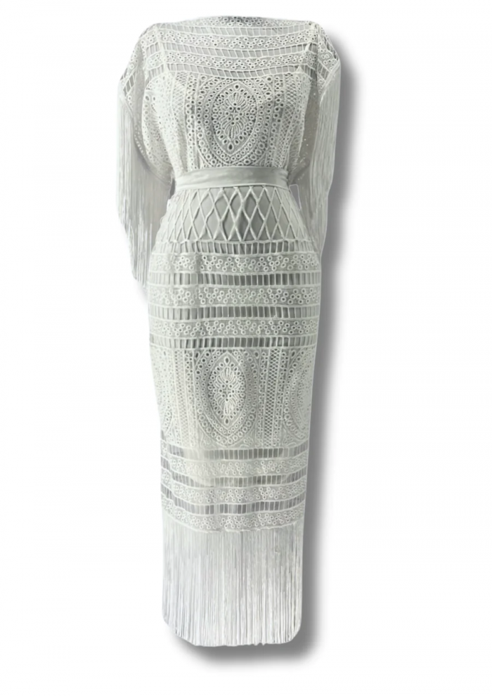 Elegant Style Unveiled: White Crochet Caftan with Fringes