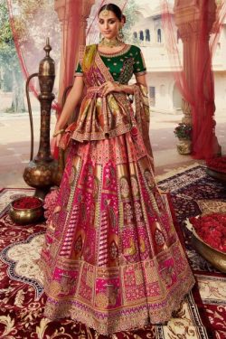 Pink Multicolor Banarasi Silk Embroidered Lehenga Set with Belt Bag