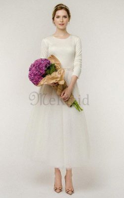 Tüll A-Line Perlenbesetztes Juwel Ausschnitt Brautkleid mit Knöpfen – MeKleid.de