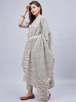 WineRed Woman Off-White Geometric Print With Lace Detailed Sleeve Kurta Dupatta Set