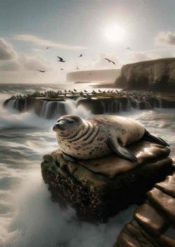 Sunlit Rest: Seals Basking On Rock | Metal Poster