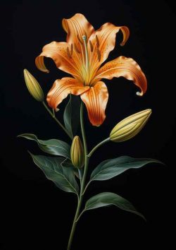 Orange Lily With Green Leaves And Black Background | Metal Poster