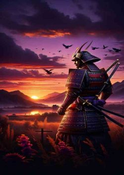 Samurai Warrior Sunset Ancient Japan Illustration | Metal Poster