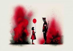 A Young Girl In A Bright Red Dress Holding A Balloon | Metal Poster