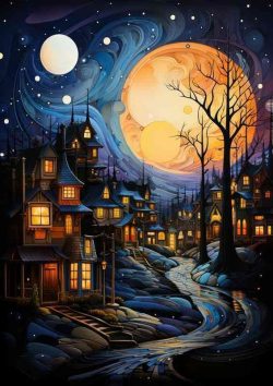 Dreamy Dusk Starry Night Over Village Roofs | Metal Poster