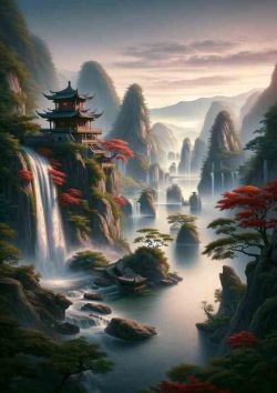 Ancient Chinese Landscape With Waterfall | Metal Poster