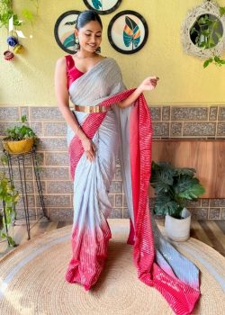 Party Wear Pre-Draped Red Premium Chinon Sequins Work Ready To Wear Saree