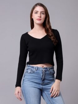 Black Full Sleeve Crop Top For Women