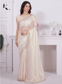 Party wear Designer White Raina Net saree with Zircon Work Border