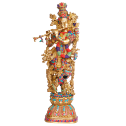Lord Krishna Playing Flute Brass Statue Inlay Work