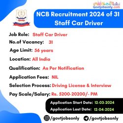 NCB 2024 Recruitment: Apply for 31 Staff Car Driver Vacancies