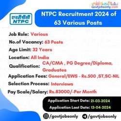 NTPC Recruitment 2024: Apply for 63 Various Posts