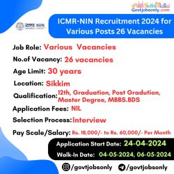 ICMR-NIN 2024 Recruitment: Apply for 26 Various Posts