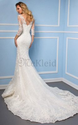 Meerjungfrau Stil Formelles Anständiges Brautkleid aus Spitze mit V-Ausschnitt – MeKleid.de