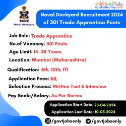 Naval Dockyard Recruitment 2024: Apply for 301 Trade Apprentice Posts