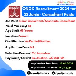 ONGC 2024 Recruitment: Apply for 32 Junior Consultant Posts