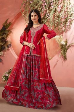 Red & Orange Shaded Sequins Embroidered Crepe Party Wear Lehenga-GA3245