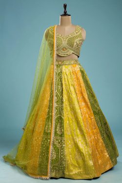 Green & Yellow Panel Style Silk Mehendi Lehenga With Embroidered Leaf Neck Blouse