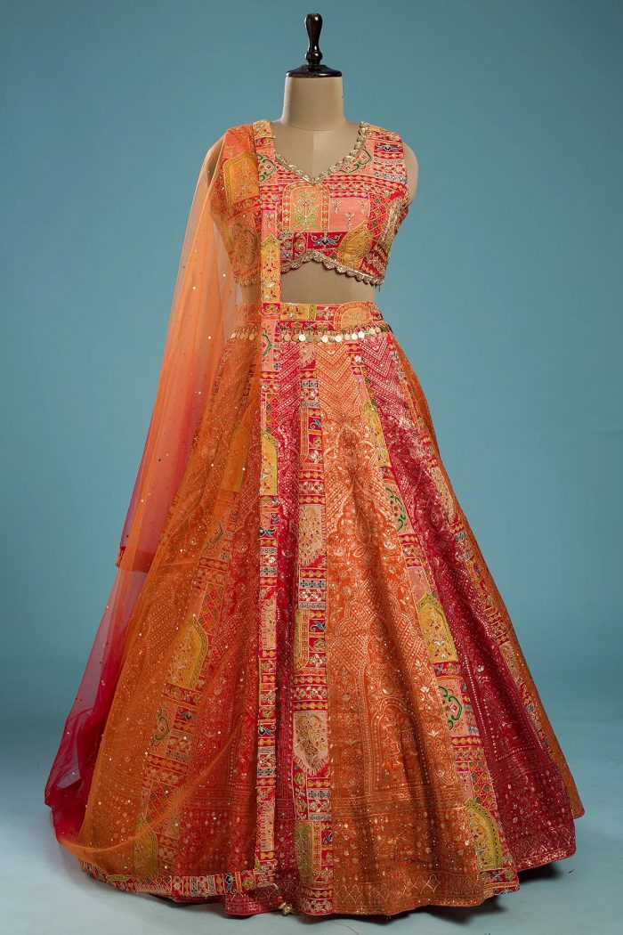 Red & Orange Panel Style Silk Sangeet Lehenga With Embroidered Scalloped Neck Blouse-GB1376