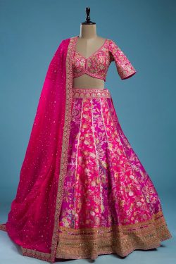 Pink & Purple Panel Style Silk Sangeet Lehenga With Embroidered Blouse-GB1329