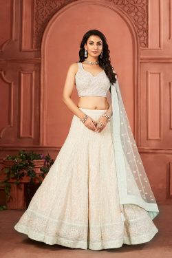 Pink & Blue Kali Style Sangeet Lehenga With Resham Embroidery and Leaf Neck Blouse-GC4572