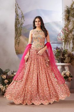 Red Gathered Style Silk Party Wear Lehenga With Jewel Neck