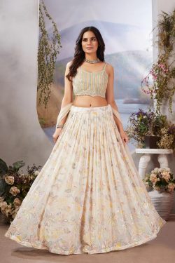 Cream Sequins Embroidery Party Wear Lehenga with Crop Top Blouse