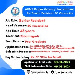 AIIMS Raipur Recruitment 2024: 80 Senior Resident Vacancies