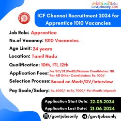 ICF Chennai Recruitment 2024: Apply for 1010 Apprentice Posts