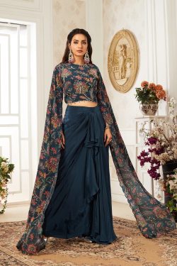 Blue Crepe Party Wear Salwar Kameez With Floral Print And Slit Sleeves-SL13774