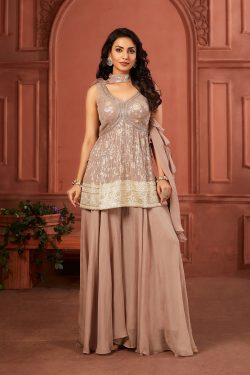 Pink Georgette Palazzo Suit With Stone work And Curve V-Neck-SL13789