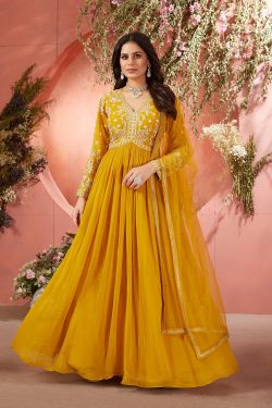 Yellow Georgette Anarkali Salwar With Sequins Work And V-Neck-SL13791
