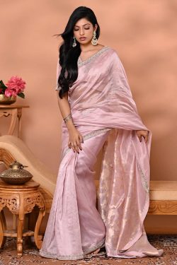 Pink Tissue Organza Designer Saree With Sequins Work And Ready Blouse-SR27411