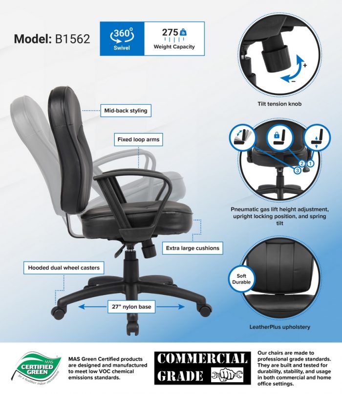 Black Leatherplus Task Chair With Loop Arms – B1562