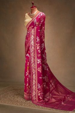 Dark Pink Banarasi Silk Saree with Unstitched Blouse-GD2559