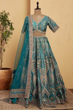 Blue Umbrella Style Silk Bridesmaids Lehenga With Sequins Work And V Neck Blouse-GD1509