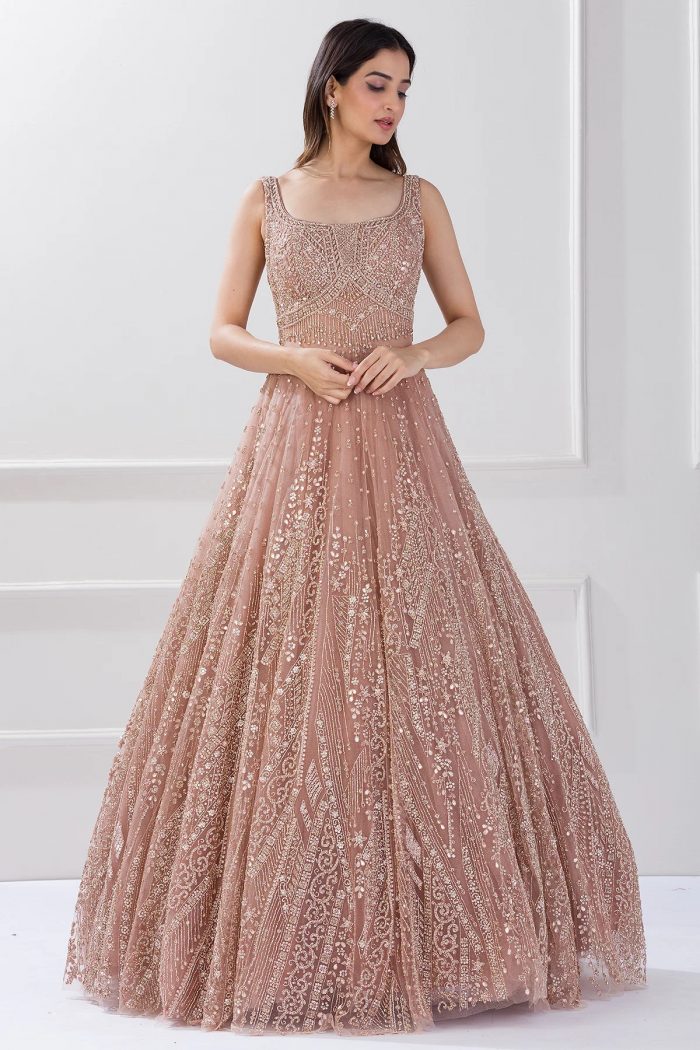 Pale Mauve Pink Sequins Embroidered Net Cocktail Gowns -NF4086