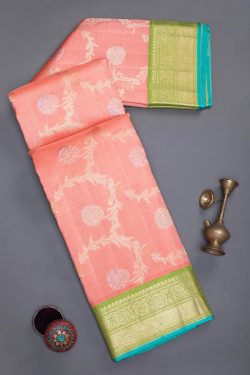 Peach Pink Kanchipuram Silk Tested Zari Saree With Unstitched Blouse-GD2623