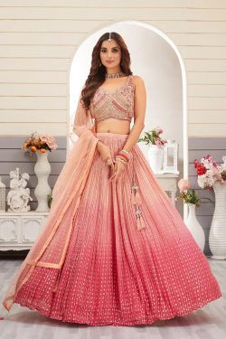 Pink Gathered Style Organza Party Wear Lehenga With Leaf Neck-GC4619